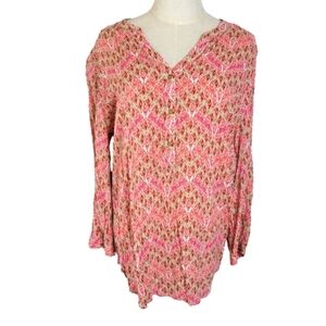Grand & Greene V-Neck Pink and Red Multi Color Long Sleeve Blouse Sz XL